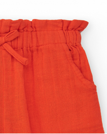 Pantalón culotte naranja para niña con cintura fruncida y lazo