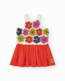 Vestido rojo para niña con falda de plana y cuerpo de crochet