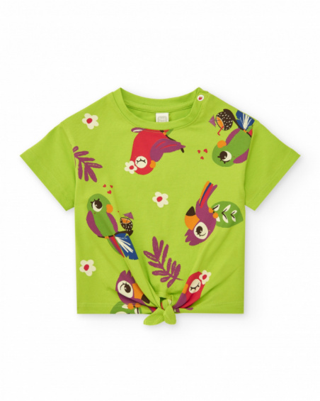 Camiseta verde para niña con loros, flores y nudo decorativo