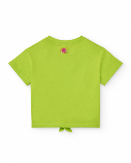 Camiseta verde para niña con loros, flores y nudo decorativo