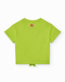 Camiseta verde para niña con loros, flores y nudo decorativo Camiseta verde para niña con loros, flores y nudo decorativo