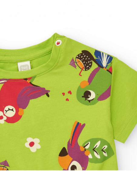 Camiseta verde para niña con loros, flores y nudo decorativo