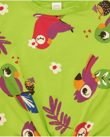 Camiseta verde para niña con loros, flores y nudo decorativo