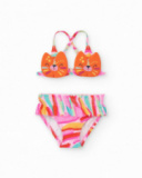 Bikini naranja para niña con cara de gato y tirantes ajustables
