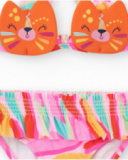Bikini naranja para niña con cara de gato y tirantes ajustables