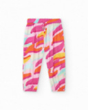 Pantalón rosa de plana para niña con estampado tropical y lazo Pantalón rosa de plana para niña con estampado tropical y lazo