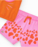 Conjunto para niña con camiseta naranja de animal y short rosa
