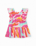 Vestido rosa de popelín para niña con estampado multicolor y Vestido rosa de popelín para niña con estampado multicolor y