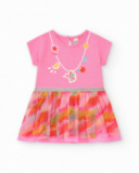 Vestido rosa para niña con falda estampada y ribete plateado Vestido rosa para niña con falda estampada y ribete plateado