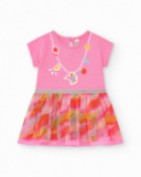 Vestido rosa para niña con falda estampada y ribete plateado Vestido rosa para niña con falda estampada y ribete plateado