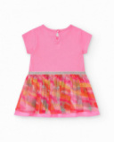 Vestido rosa para niña con falda estampada y ribete plateado Vestido rosa para niña con falda estampada y ribete plateado