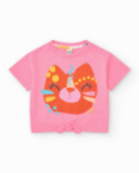 Camiseta rosa para niña con carita de animal y nudo inferior Camiseta rosa para niña con carita de animal y nudo inferior