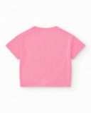 Camiseta rosa para niña con carita de animal y nudo inferior Camiseta rosa para niña con carita de animal y nudo inferior