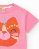 Camiseta rosa para niña con carita de animal y nudo inferior Camiseta rosa para niña con carita de animal y nudo inferior