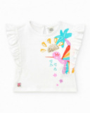 Camiseta blanca para niña con colibrí tropical y lentejuelas Camiseta blanca para niña con colibrí tropical y lentejuelas