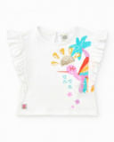 Camiseta blanca para niña con colibrí tropical y lentejuelas Camiseta blanca para niña con colibrí tropical y lentejuelas
