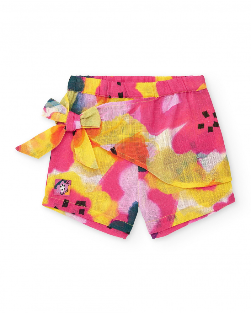 Shorts para niña en fucsia con flores y lazo lateral