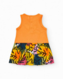 Vestido sin mangas para niña con top naranja y falda estampada Vestido sin mangas para niña con top naranja y falda estampada