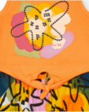 Vestido sin mangas para niña con top naranja y falda estampada Vestido sin mangas para niña con top naranja y falda estampada
