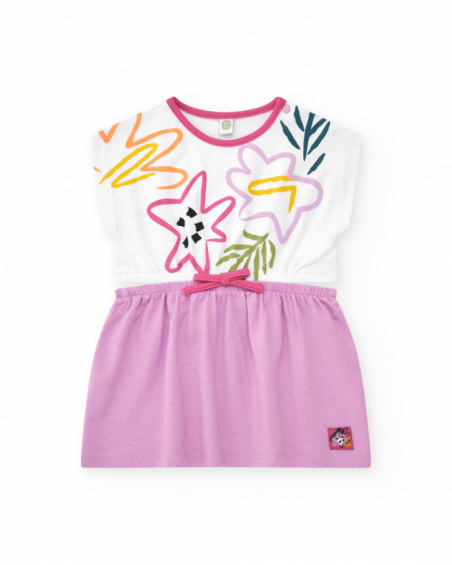 Vestido para niña con top blanco floral y falda lila con lazo