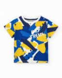 T-shirt per bambino blu e gialla con bottoni sul collo T-shirt per bambino blu e gialla con bottoni sul collo