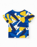 T-shirt per bambino blu e gialla con bottoni sul collo T-shirt per bambino blu e gialla con bottoni sul collo
