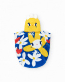 Toalla-poncho para niña en azul con flores y capucha amarilla