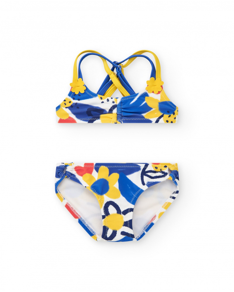 Bikini para niña en azul y amarillo con flores