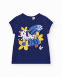 T-shirt per bambina blu con fiori e bottoni sul retro T-shirt per bambina blu con fiori e bottoni sul retro