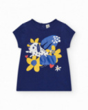 T-shirt per bambina blu con fiori e bottoni sul retro T-shirt per bambina blu con fiori e bottoni sul retro