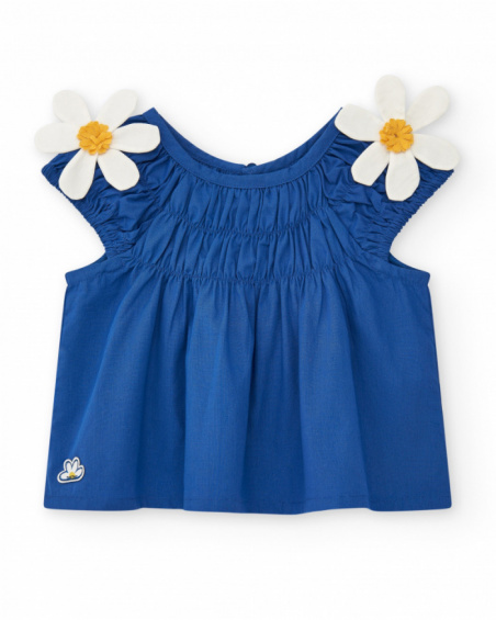 Camicia per bambina blu con fiori e arricciature