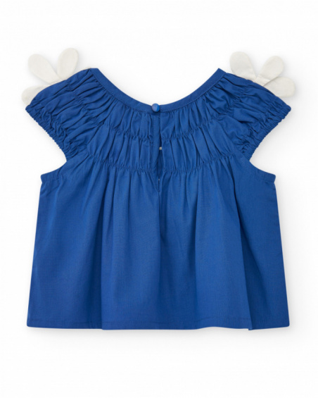 Camicia per bambina blu con fiori e arricciature
