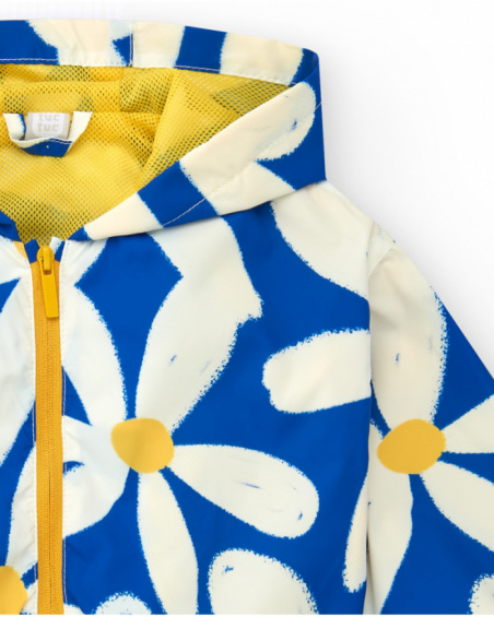 Giacca a vento per bambina blu con fiori e dettagli gialli
