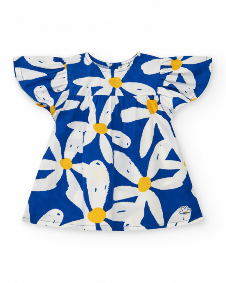 Vestito di cotone per bambina blu con volant e stampa floreale