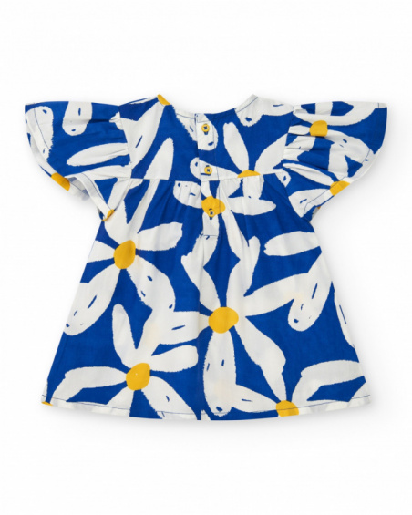 Vestito di cotone per bambina blu con volant e stampa floreale