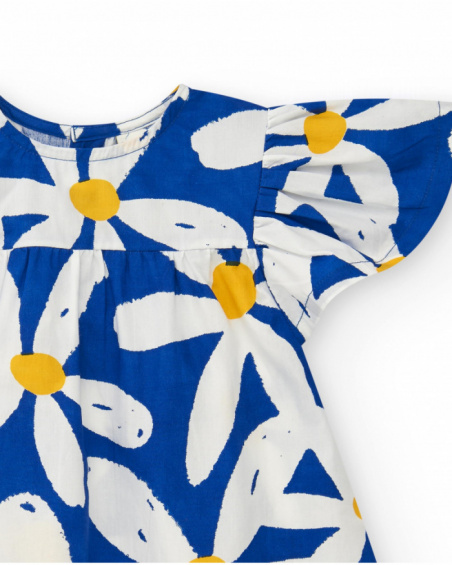 Vestito di cotone per bambina blu con volant e stampa floreale