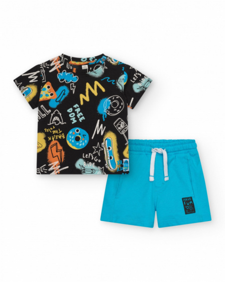 Completo per bambino con t-shirt nera e pantaloncini turchesi