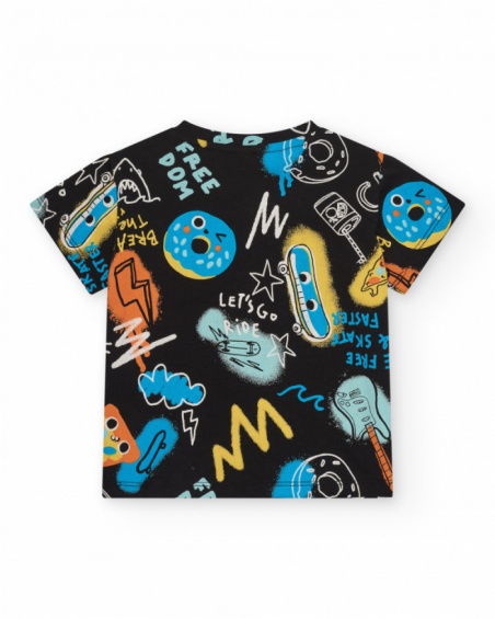 Completo per bambino con t-shirt nera e pantaloncini turchesi