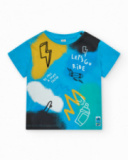 T-shirt per bambino blu con monopattino e frase T-shirt per bambino blu con monopattino e frase