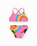 Bikini per bambina rosa con arcobaleno e spalline incrociate