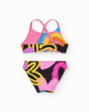 Bikini per bambina rosa con arcobaleno e spalline incrociate