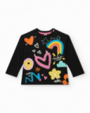 T-shirt per bambina nero con cuori e arcobaleno T-shirt per bambina nero con cuori e arcobaleno