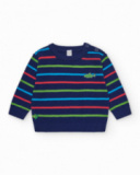 Maglione per bambino blu marino con righe e squalo ricamato Maglione per bambino blu marino con righe e squalo ricamato
