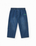 Pantaloni cargo per bambino in denim blu con dettagli verdi