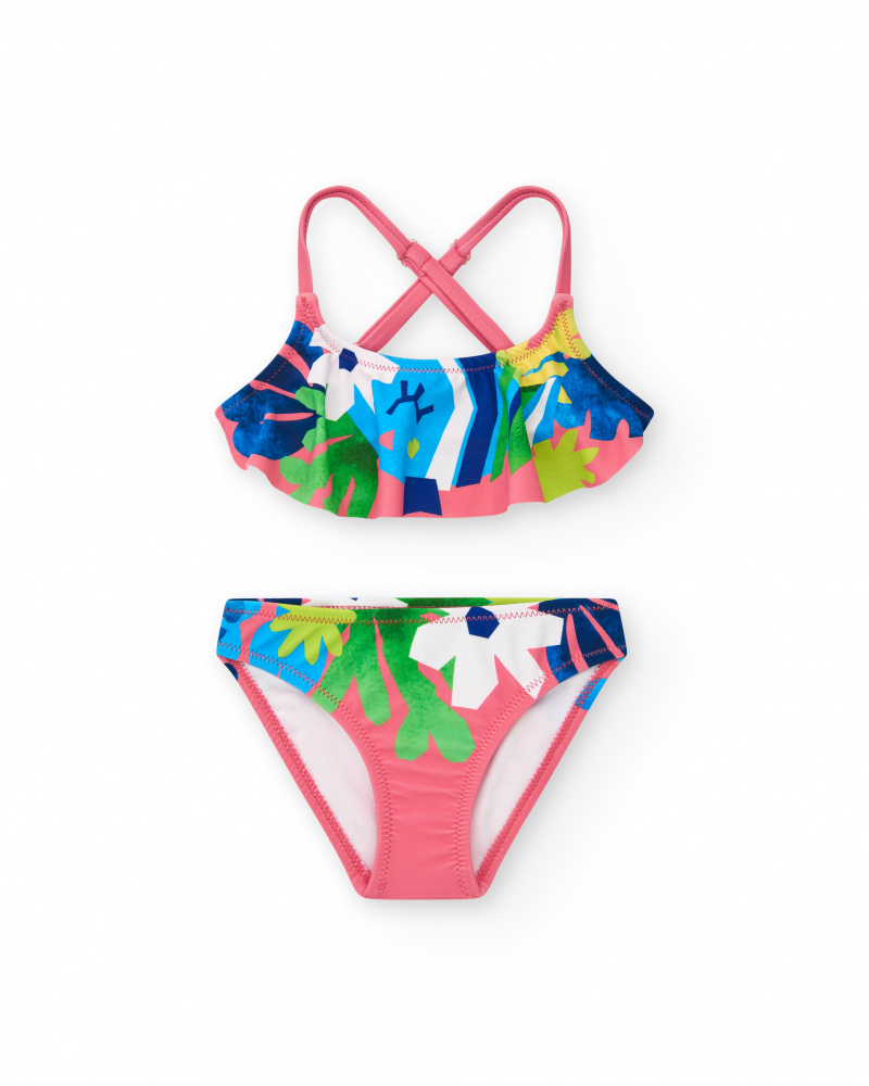 Bikini per bambina rosa con stampa tropicale e volant