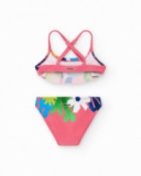 Bikini per bambina rosa con stampa tropicale e volant Bikini per bambina rosa con stampa tropicale e volant