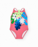 Costume da bagno per bambina rosa con fiori e spalline incrociate Costume da bagno per bambina rosa con fiori e spalline incrociate