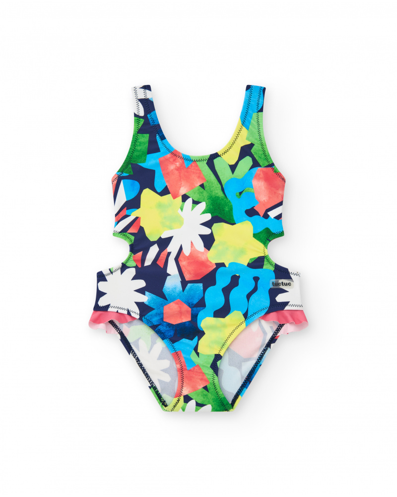Costume da bagno per bambina con stampa marina e aperture laterali