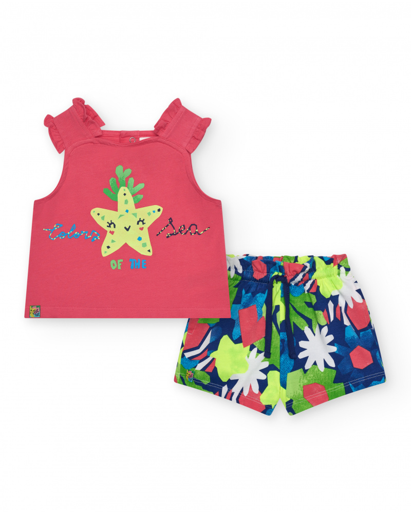 Completo per bambina con t-shirt rosa con spalline e pantaloncini floreali