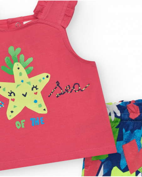Completo per bambina con t-shirt rosa con spalline e pantaloncini floreali